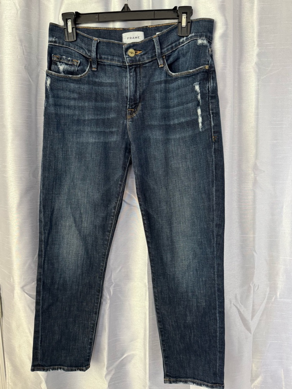 FRAME Le Garçon Crop Dark Wash Distressed Straight Jeans